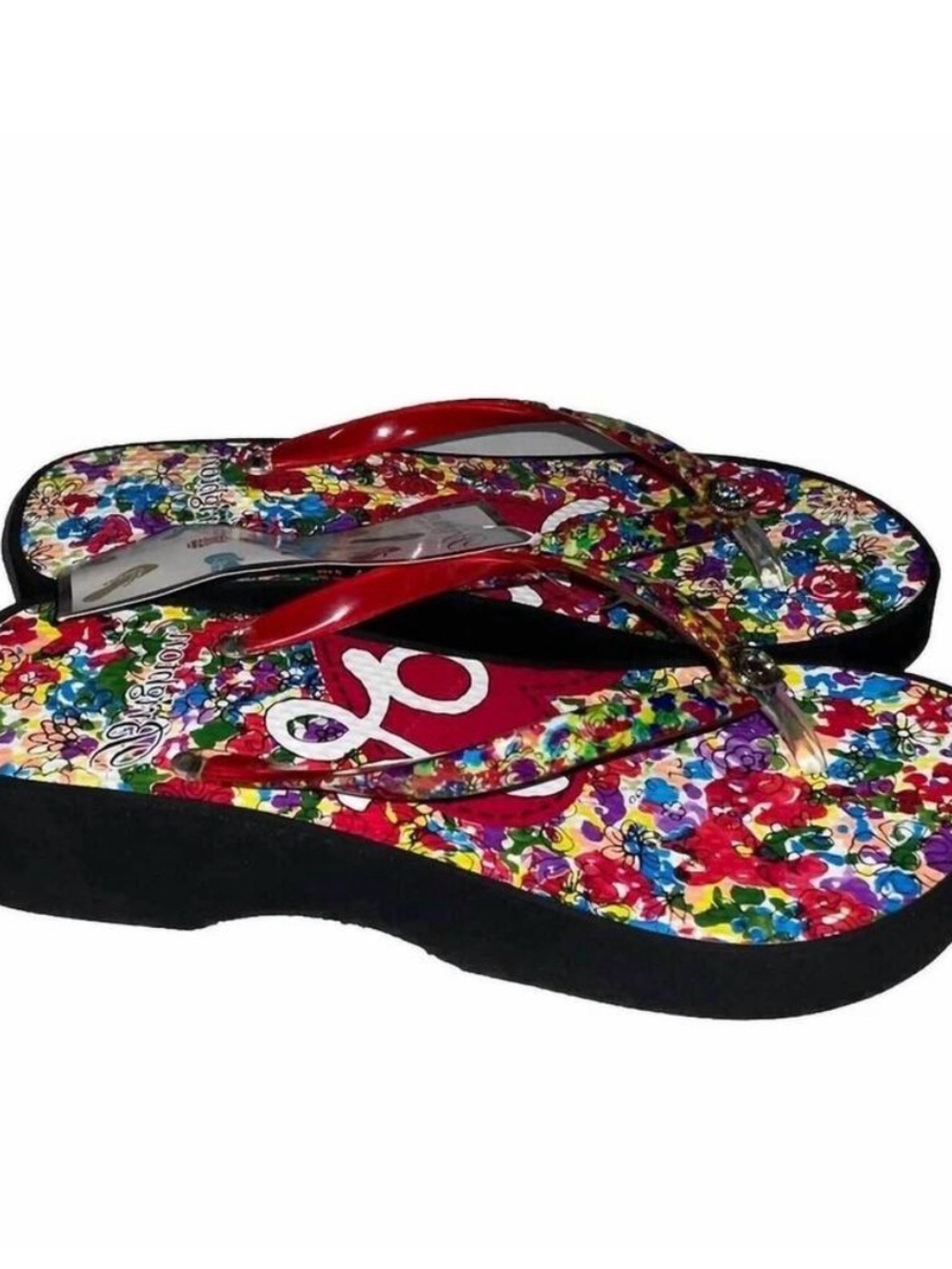 $75 NWT Brighton LOVE Posies platform flip flops with bag Size 9
